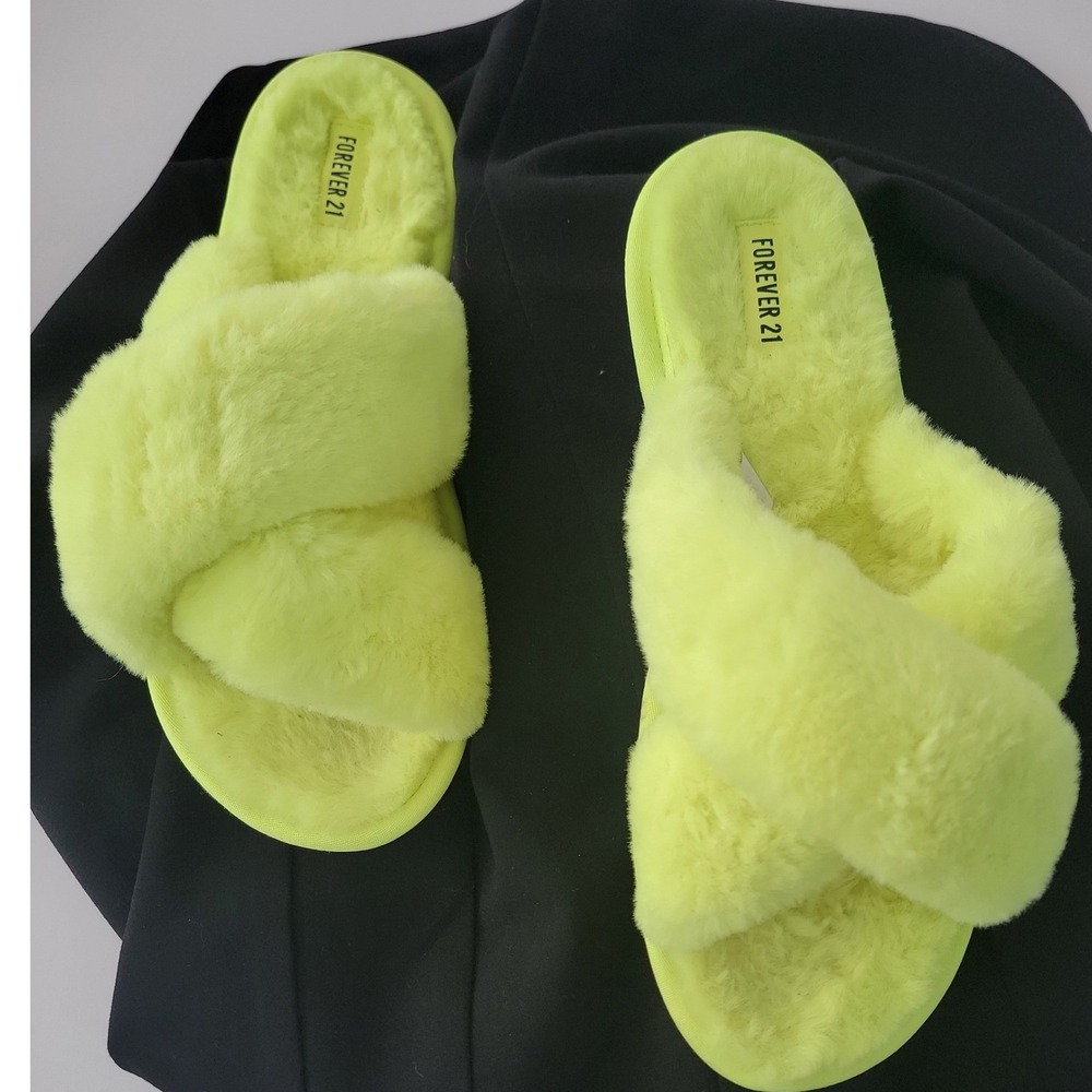 Forever 21 Neon Lime Green Faux Fur Criss Cross Slide Slippers